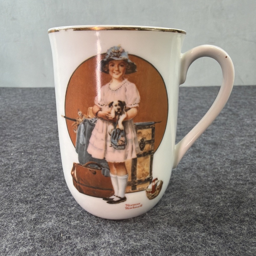 Vintage 1981 Norman Rockwell Vacation's Over Mug H.M.I. Gold Trim Coffee Cup